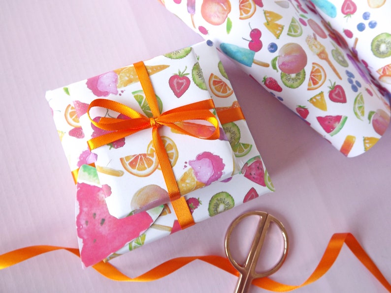 featuring my watercolour design /'Tutti Frutti/' Gift wrap /& gift tag sets complete with ribbon stickers and tissue paper
