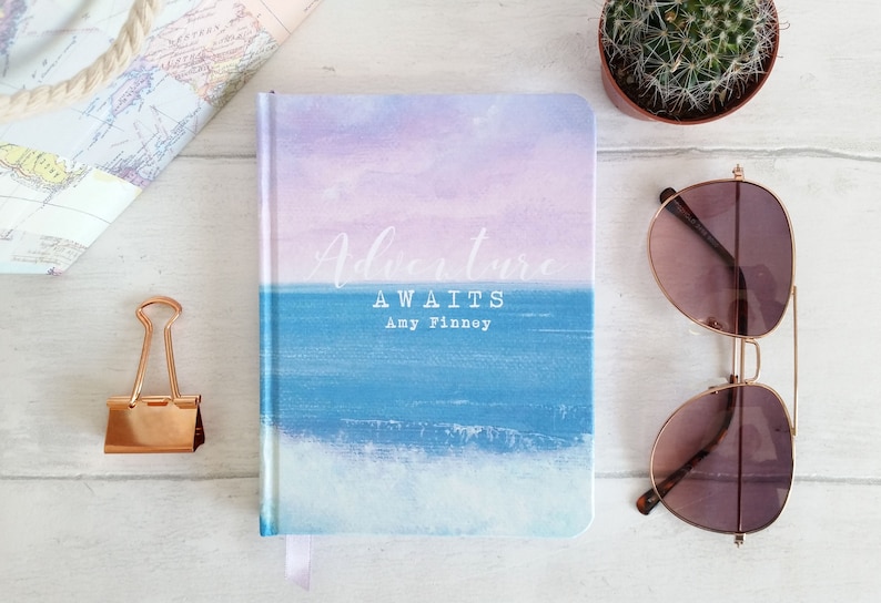 A6 hand made notebook travel journal, featuring my sea & waves design, personalise your own text image 3