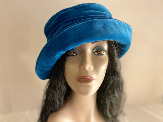 Plush Teal Velvet Wide-Brim Women\'s Hat Lawliet Teal Womens 1920 Vintage Style Velvet Beret Floral  main image 3
