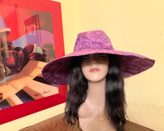Women's Purple Batik Print Hat, Purple Extra-Wide Brim Sun Hat, Handmade Hat, Purple Hat, Summer Hat, Gift Hat