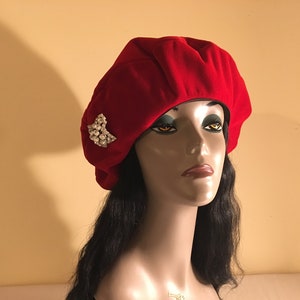 Women&#39;s Red Velvet Beret, Luxurious Medium Sized Velvet Beret, Dressy Tam, Snood, Handmade Hat, Winter Hat, Women&#39;s, Christmas Gift, Hat