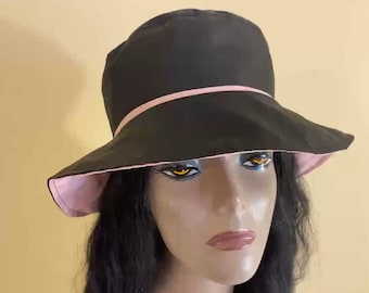 Sombrero de lluvia negro y rosa para mujer, reversible, negro y rosa, ligero, hecho a mano, regalo.