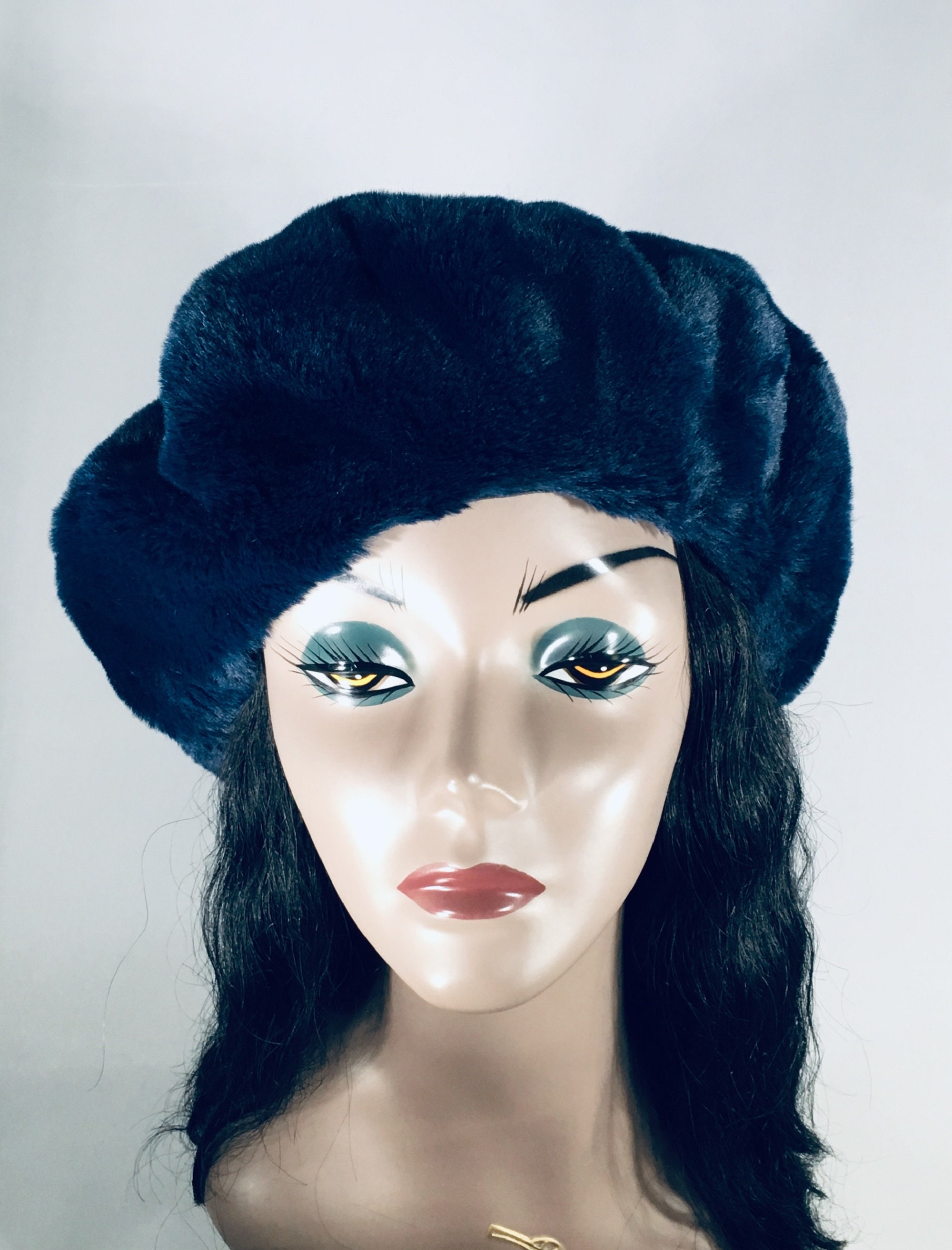 Women's Faux Fur Blue Beret Fur Hat 