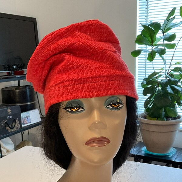 Women's Mud Cloth Hat, Red Brimless Cloche, Handmade Hat, Mudcloth Hat, Red Hat, All Seasons Hat, Fall Hat, Winter Hat, Hat