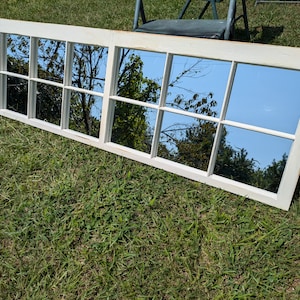 Custom made 46 x 20 door with mirror, architectural salvage window sash distressed white, beautiful antique farm decor, contemporary decor