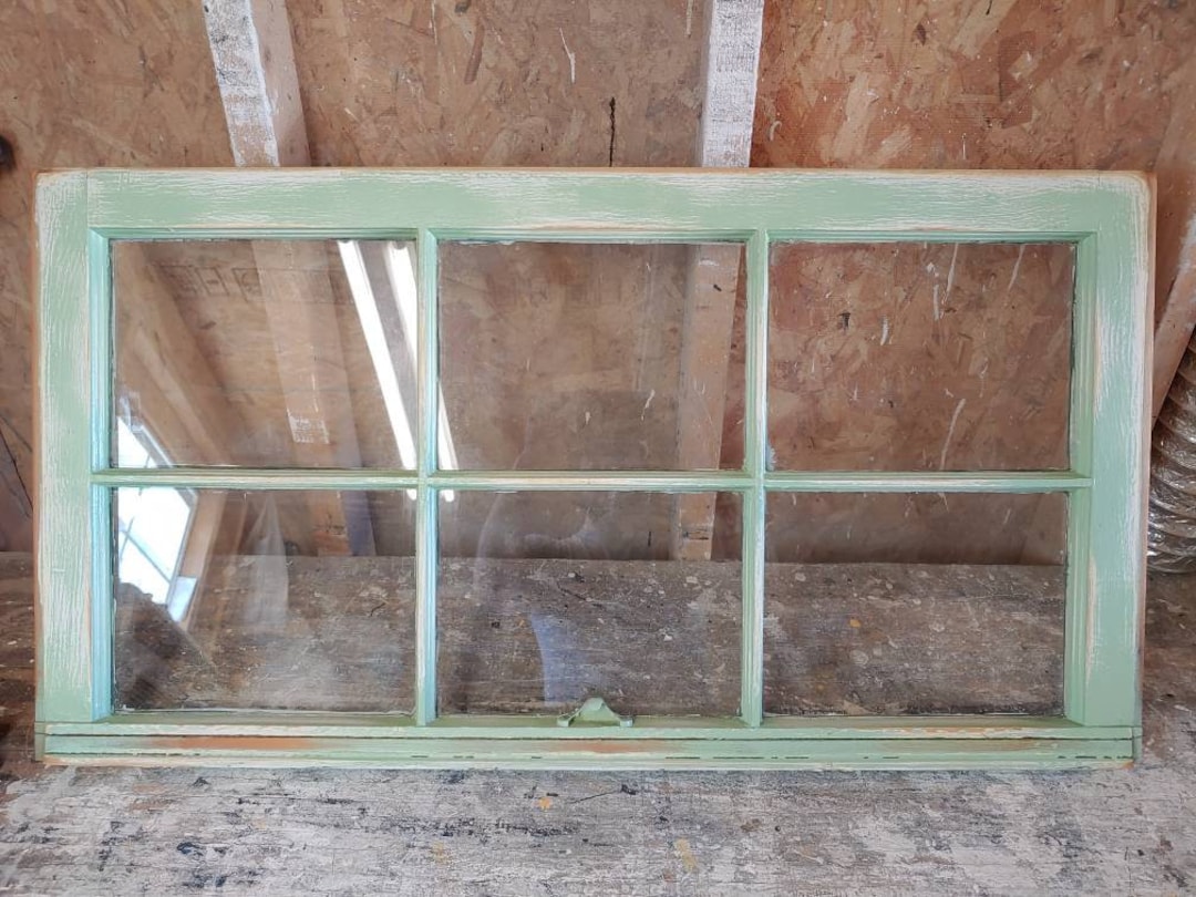 6 Pane Vintage Antique Wood Window Frame Sash 36x20 Light Green Circa
