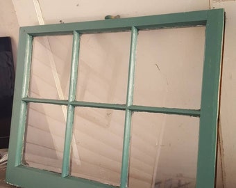 Vintage antique farm window sash frame 6 pane 32x28 rustic very old country farm cottage rustic teal green