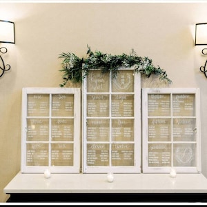 Antique window sash frames, beautiful wedding set!  Made to order wedding seating chart