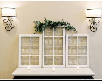 Antique window sash frames, beautiful wedding set!  Made to order wedding seating chart