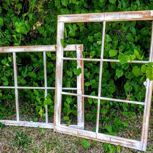May include: Two white painted wood window frames with multiple panes of glass. The frames are leaning against a wall of green foliage.