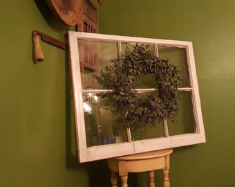 Vintage antique farm window sash frame 6 pane 34x27 unique rustic cottage portrait distressed decor with eucalyptus wreath