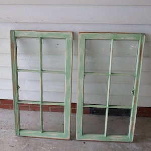 6 Pane Vintage Antique Wood Window Frame Sash 36x20 light green circa 1960s pistachio rustic distressed and shabby, set of 2