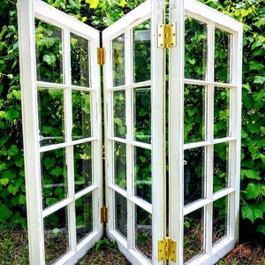 May include: A white wooden folding screen with multiple glass panes and gold hinges. The screen is standing in front of a green leafy background.
