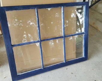 Vintage antique farm window sash frame 6 pane 36X28 painted dark navy blue