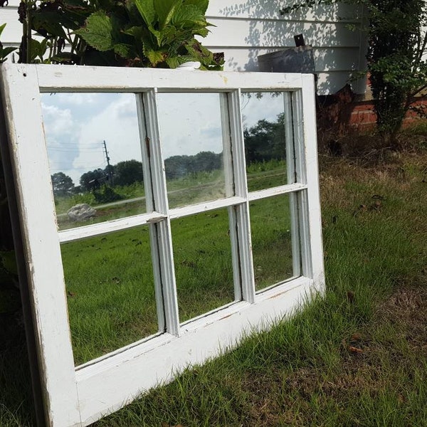 Vintage antique farm window sash frame salvaged reclaimed rustic distressed white 28x20 with mirror panes