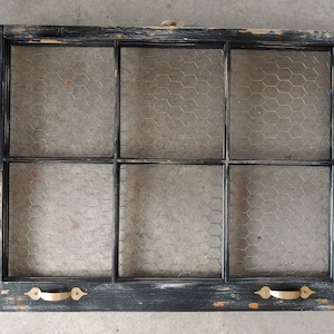 Antique window sash frame with chicken wire black distressed wall decor interior decor rustic farm salvage 32x24 with handles hardware