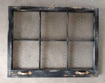 Antique window sash frame with chicken wire black distressed wall decor interior decor rustic farm salvage 32x24 with handles hardware