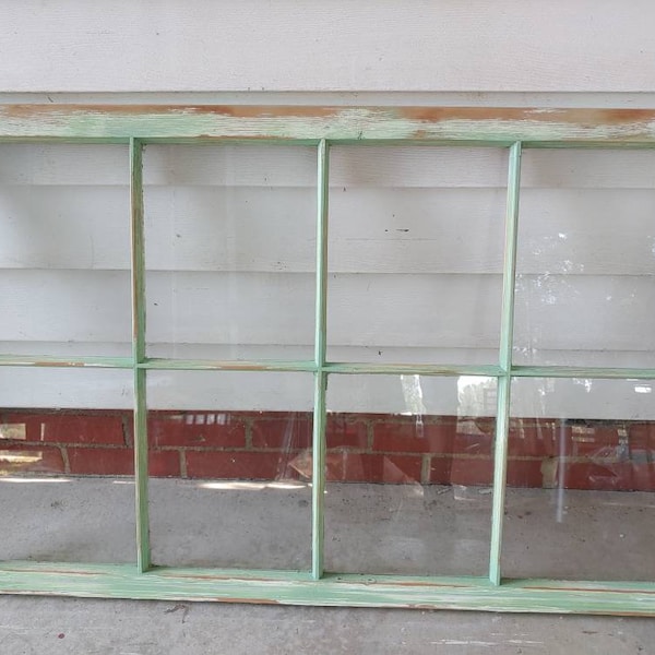 8 Pane Vintage Antique Wood Window Frame Sash 36x27 light green circa 1960s mint green rustic distressed and shabby