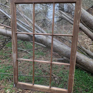 Antique window frame sash, natural wood finish rustic farmhouse decor 9 pane window 38x24