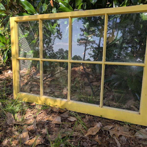 Antique authentic single pane window, 8 panes, 8 panel old beautiful window sash 40x26 yellow painted