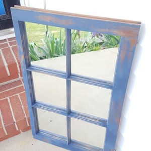 Vintage antique farm window sash frame 6 pane 36x19 rustic cottage wedding country with mirror panes shabby distressed navy blue