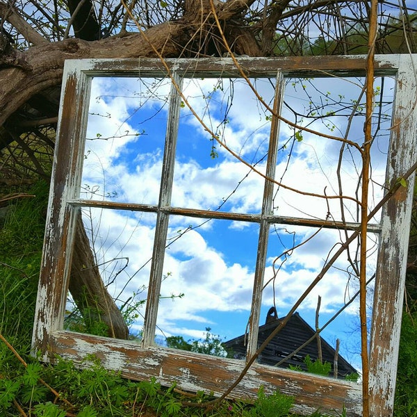 Vintage antique farm window sash frame 6 pane very old rustic cottage wedding country picture portrait mirror panes shabby chic distressed