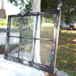 Vintage antique farm window sash frame 6 pane 32X28 black rustic distressed wall decor, glass removed