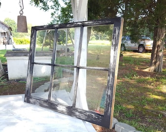 Vintage antique farm window sash frame 6 pane 36X28 black rustic distressed wall decor