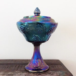 Vintage Iridescent Blue Carnival Glass Wedding Bowl with Cover | 1970s Indiana Glass Harvest Pattern Covered Compote