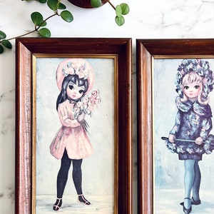 Vintage Wood-Framed Wall Hangings | 1960s Big Eyes Art by Maio | Set of 2