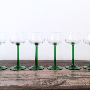 Vintage Green-Stemmed Wine Glasses | 1970s Luminarc France Hand-Blown Rhine Wine Glasses | Set of 6