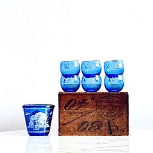 Vintage Barware Set | 1930s Hazel Atlas Cobalt Blue Windmill Pattern | Ice Tub and Roly Poly Glasses | 7-Piece Drinkware Set