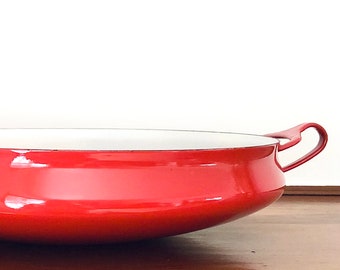 Vintage Dansk Kobenstyle 13” Paella Pan | Large Red Buffet Server | Mid-Century Modern Enamel Cookware