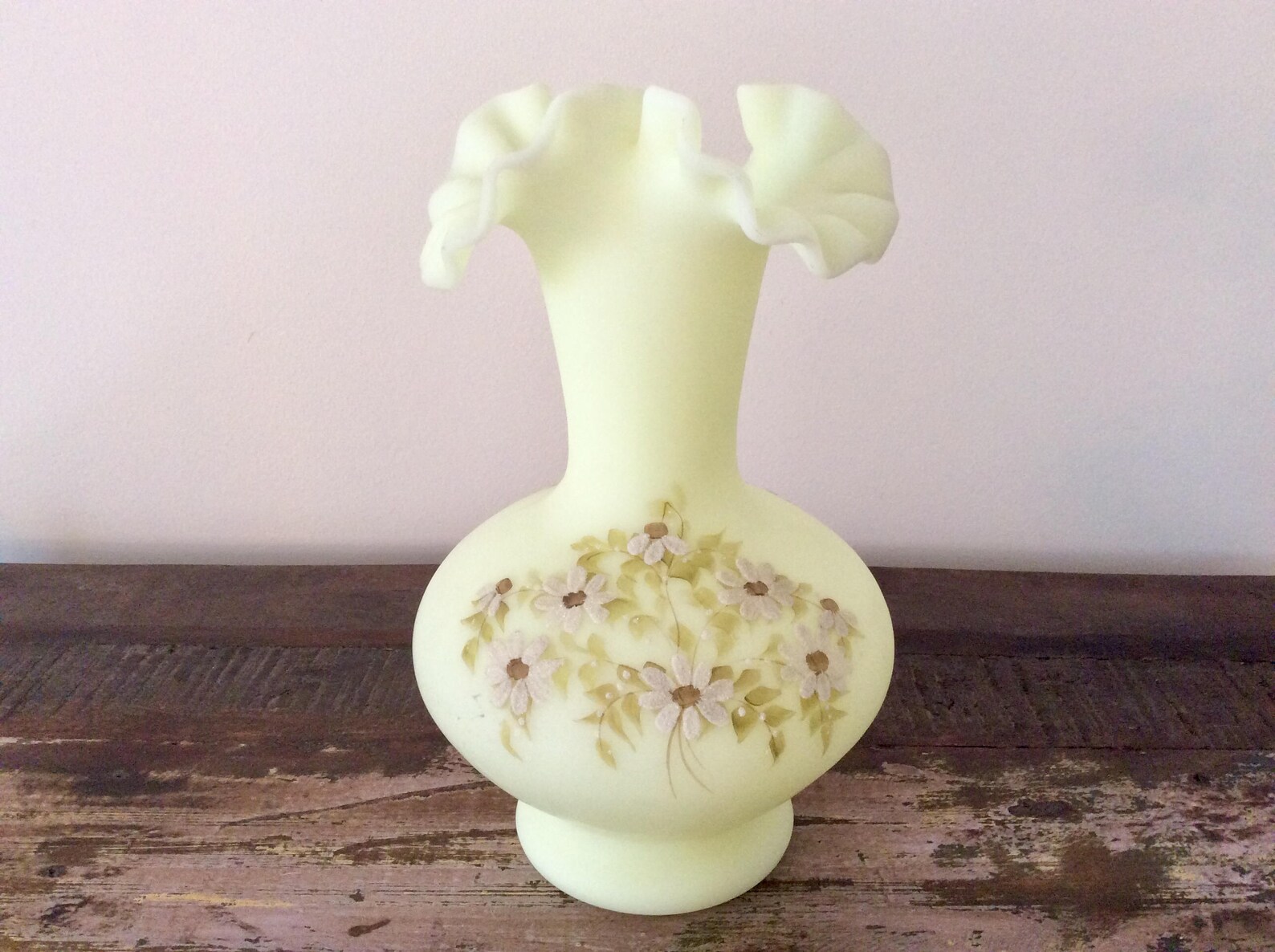 Vintage 1970s Fenton Handpainted Custard Satin Uranium Glass Etsy