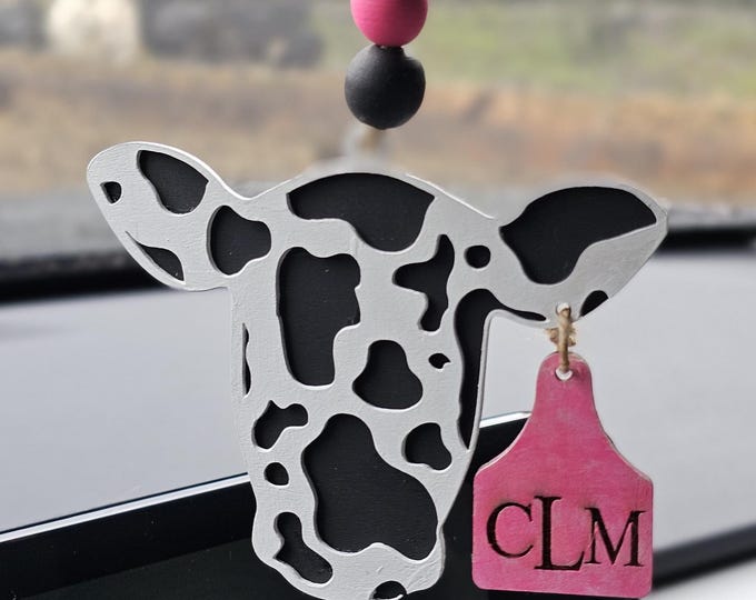 Personalized Cow Car Charm Initials Cow Tag, Rear view Mirror Accessories