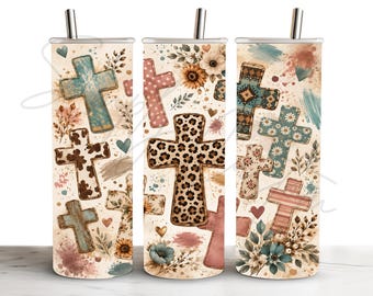 May include: Three cylindrical tumblers with metal straws, featuring a cream background decorated with various cross patterns including leopard print, floral, and striped designs, accented by watercolor flowers, leaves, and small hearts.