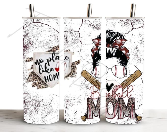 Baseball Mom Mama Leopard Messy Bun 20oz Stainless Steel Tumbler