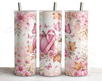 May include: Three cylindrical tumblers with metal straws featuring a white background decorated with pink pumpkins, a pink awareness ribbon, butterflies, autumn leaves, and various pink flowers including cosmos and roses.
