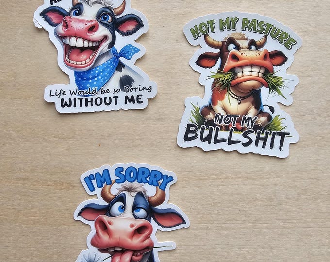 Set of 3 Funny Cow Silly Pasture Boring Life Roll Eyes Sorry Stickers
