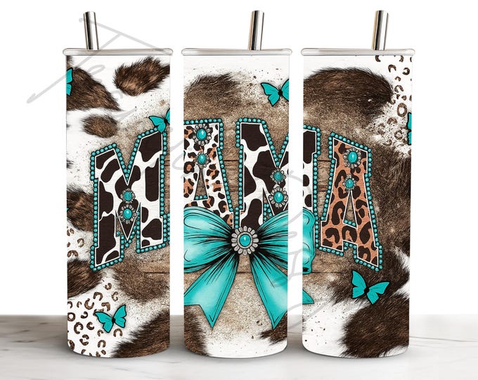 Turquoise MAMA Cow Cheetah Bow Print Tumbler Gift 20oz Stainless Steel Birthday Christmas Mom