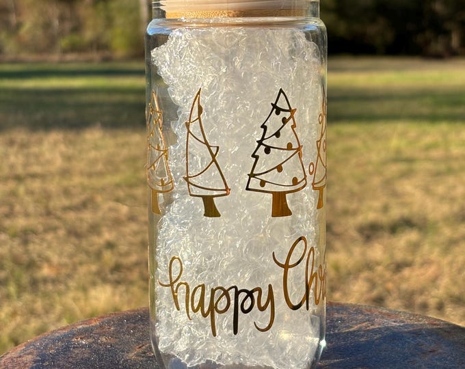 Christmas Happy Tree Libbey Glass Coffee Can Jar Bamboo Lid 16oz