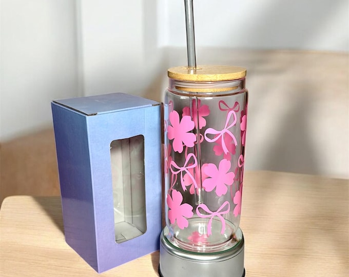 Pink Flower Bow Libbey Glass Can Jar with Bamboo Lid, 16oz