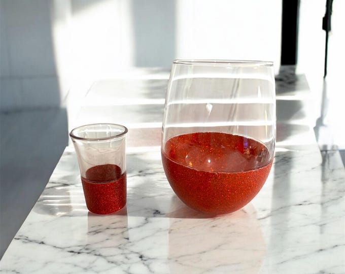 Glitter Stemless Wine Glass with Matching Shot Glass Red