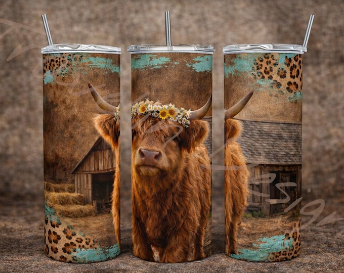 Highland Cow Turquoise Leopard Print Barn Cute 20oz Tumbler