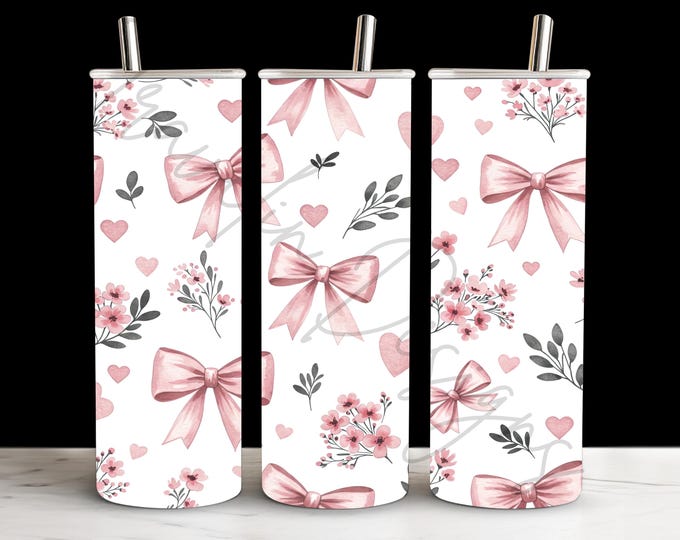 Coquette Bow Stainless Steel Tumbler, Pink Hearts Flowers 20oz
