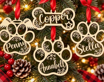 Personalized Pet Paw Ornament Dog Cat Name Heaven Wings Bone Wood Laser Cut Gift