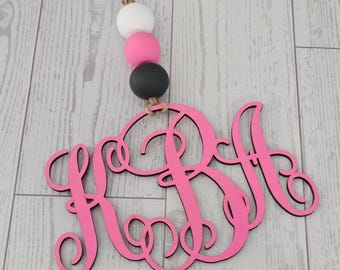 Car Monogram Wooden Charm, Gift Rear View Mirror Decor Initials Name
