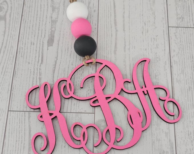 Car Monogram Wooden Charm, Gift Rear View Mirror Decor Initials Name