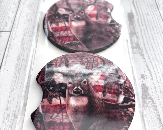 Deer American Flag Car Neoprene Cup Holder Coaster Gift