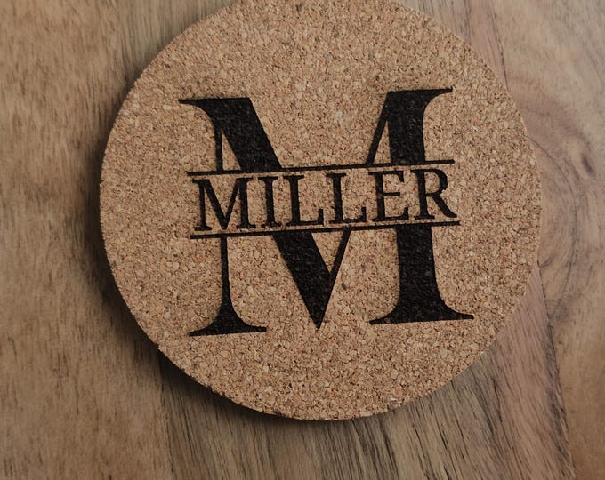 Personalized Cork Engraved Coaster Custom Monogram Last Name